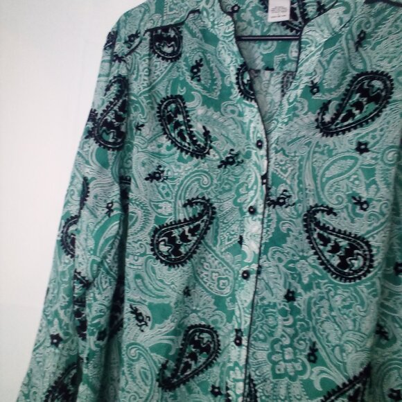 Bon Worth Blouse L Long Sleeve Button Up Simi Sheer Velvet Detail Green Black - Picture 5 of 14